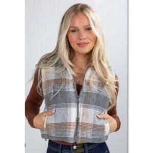 Stoosh Plaid Quilted Puffer Vest Women's Large Gray Cream
